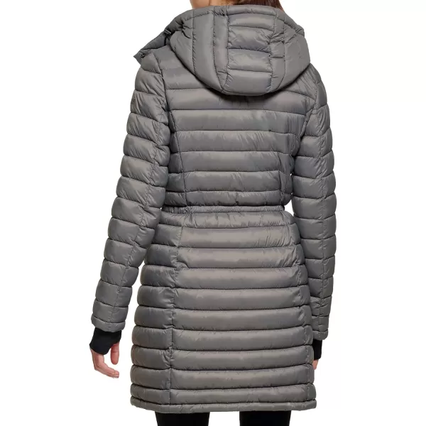 DKNY Womens Long Comfort Soft Packable Puffer Outwear JacketSmoke