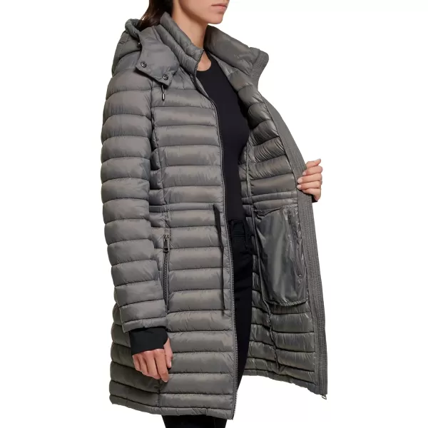 DKNY Womens Long Comfort Soft Packable Puffer Outwear JacketSmoke