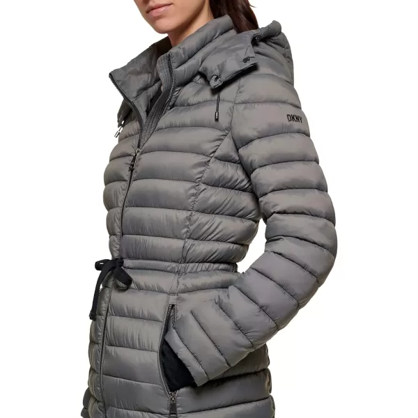 DKNY Womens Long Comfort Soft Packable Puffer Outwear JacketSmoke