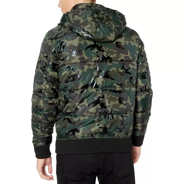 GUESS Mens Hooded Camo Print Puffer JacketOlive Camo