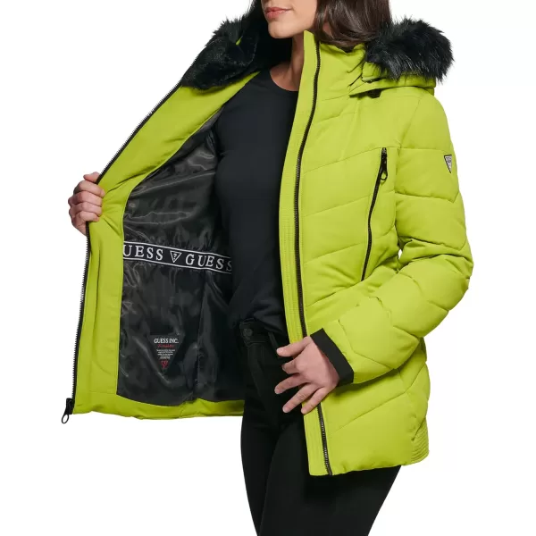 GUESS Womens Cold Weather Hooded Puffer CoatLime