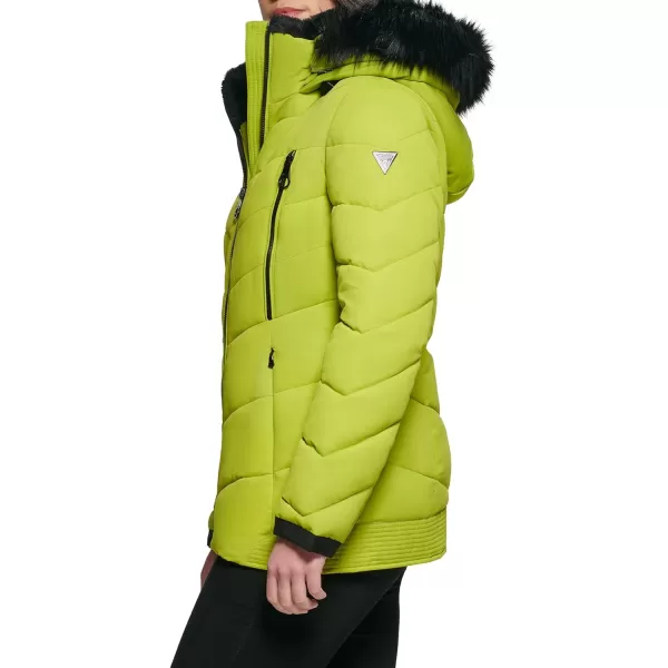 GUESS Womens Cold Weather Hooded Puffer CoatLime