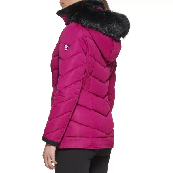 GUESS Womens Cold Weather Hooded Puffer CoatMagenta