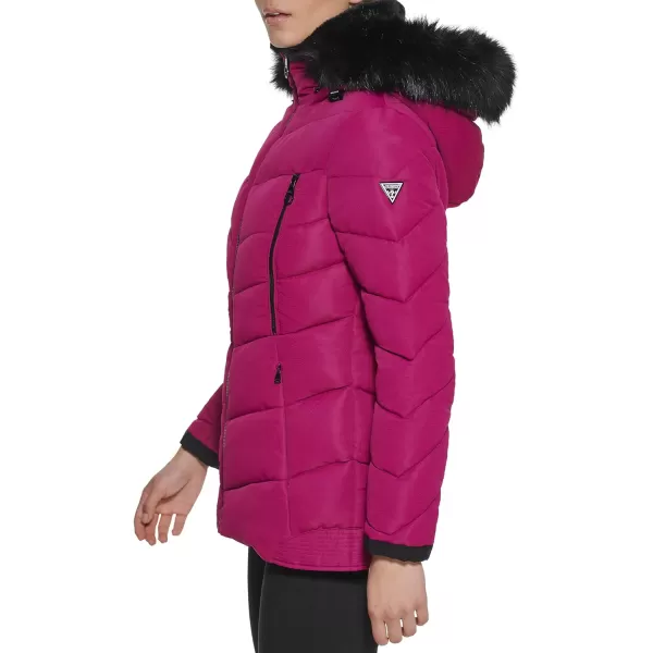 GUESS Womens Cold Weather Hooded Puffer CoatMagenta