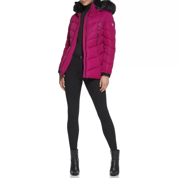 GUESS Womens Cold Weather Hooded Puffer CoatMagenta