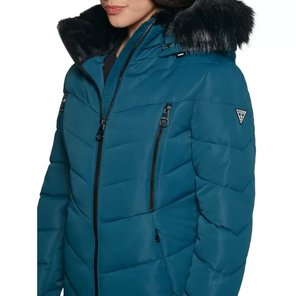 GUESS Womens Cold Weather Hooded Puffer CoatTeal