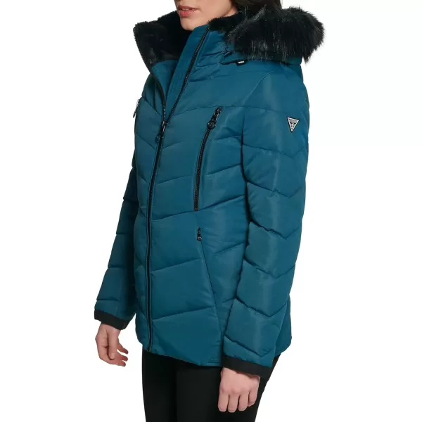 GUESS Womens Cold Weather Hooded Puffer CoatTeal