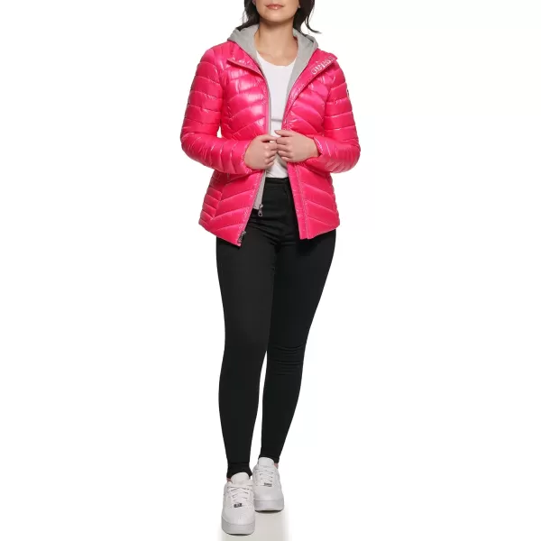 GUESS Womens Light Packable Jacket Quilted Transitional PufferQuilted Hot Pink