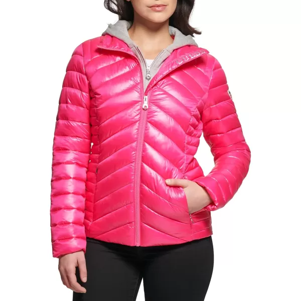 GUESS Womens Light Packable Jacket Quilted Transitional PufferQuilted Hot Pink