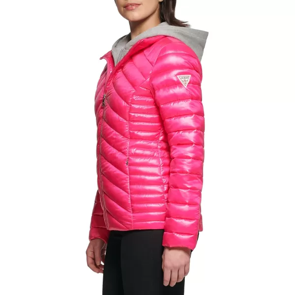 GUESS Womens Light Packable Jacket Quilted Transitional PufferQuilted Hot Pink