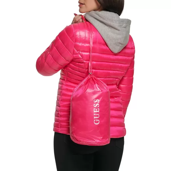 GUESS Womens Light Packable Jacket Quilted Transitional PufferQuilted Hot Pink