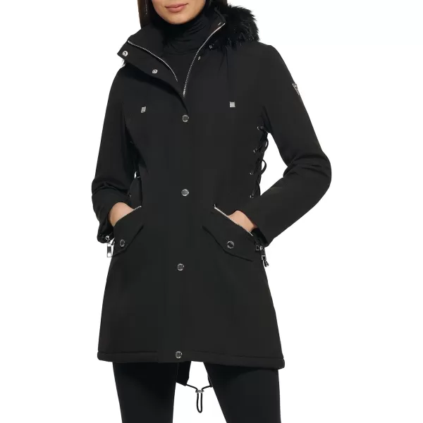 GUESS Womens Long Softshell CoatWater Resistant Fall Jacket Faux FurStone