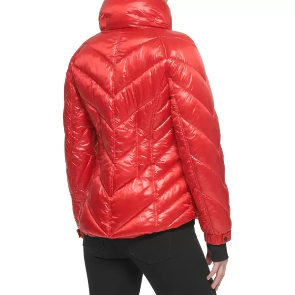 GUESS Womens Puffer Storm Cuffs Quilted Transitional JacketFire Red