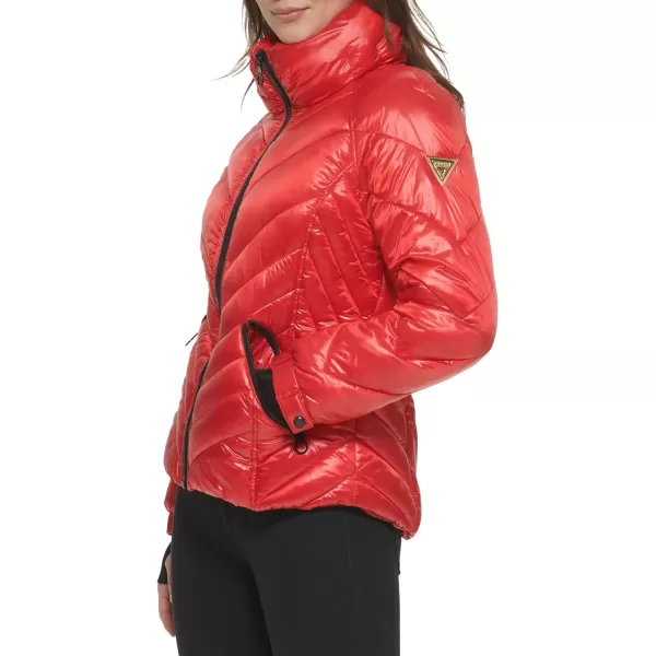 GUESS Womens Puffer Storm Cuffs Quilted Transitional JacketFire Red