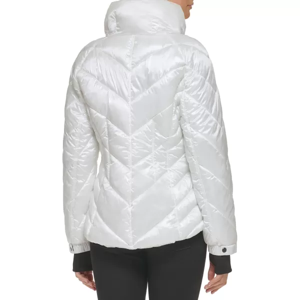 GUESS Womens Puffer Storm Cuffs Quilted Transitional JacketWhite