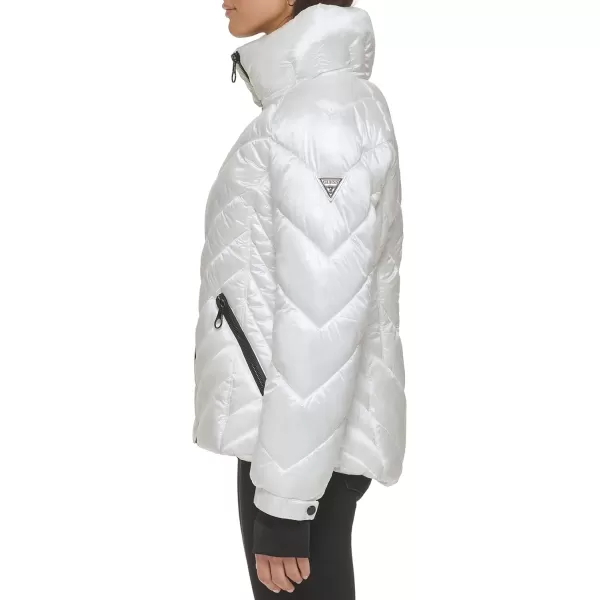 GUESS Womens Puffer Storm Cuffs Quilted Transitional JacketWhite