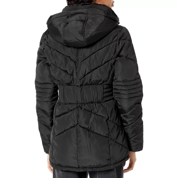 GUESS Womens Short Hooded Puffer Coat with Faux Fur BibBlack