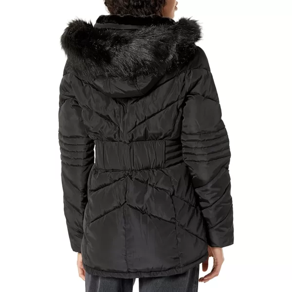 GUESS Womens Short Hooded Puffer Coat with Faux Fur BibBlack