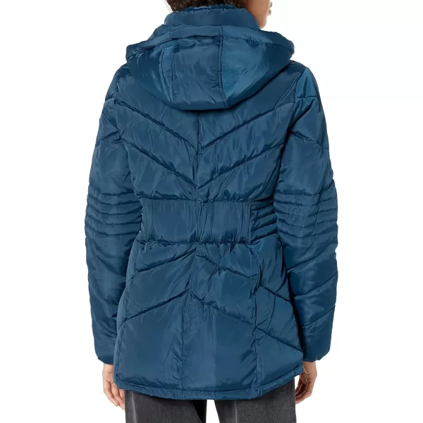 GUESS Womens Short Hooded Puffer Coat with Faux Fur BibDeep Sea