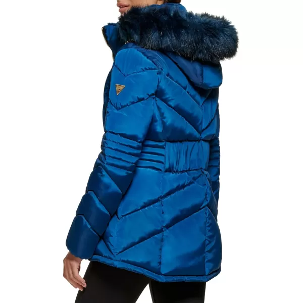 GUESS Womens Short Hooded Puffer Coat with Faux Fur BibDeep Sea