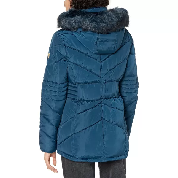 GUESS Womens Short Hooded Puffer Coat with Faux Fur BibDeep Sea