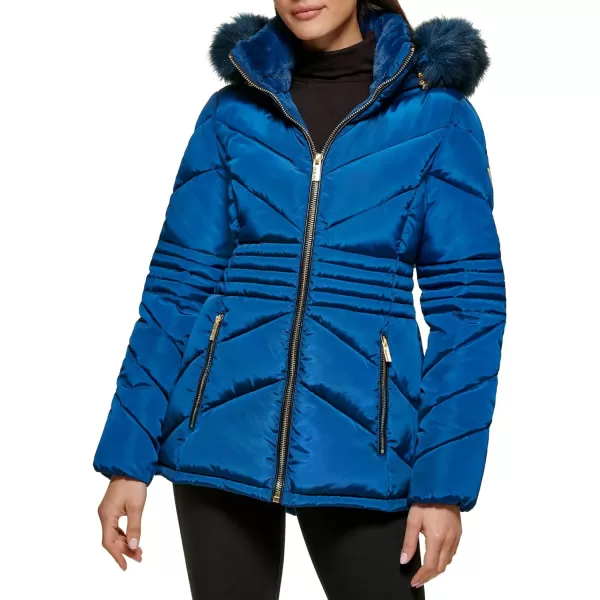 GUESS Womens Short Hooded Puffer Coat with Faux Fur BibDeep Sea