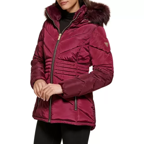 GUESS Womens Short Hooded Puffer Coat with Faux Fur BibJam