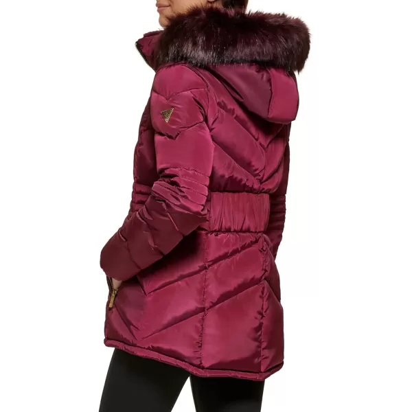 GUESS Womens Short Hooded Puffer Coat with Faux Fur BibJam