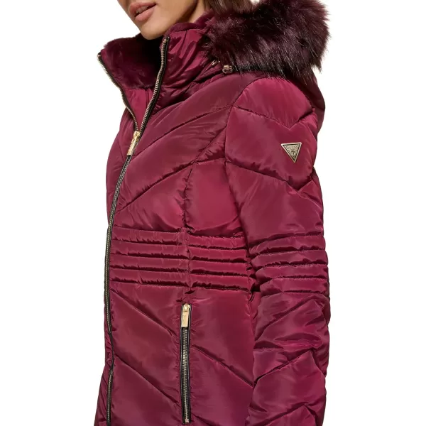 GUESS Womens Short Hooded Puffer Coat with Faux Fur BibJam