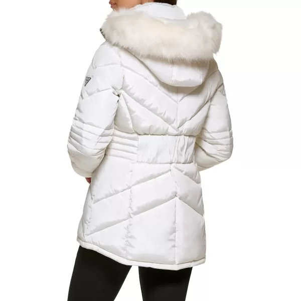 GUESS Womens Short Hooded Puffer Coat with Faux Fur BibMilk