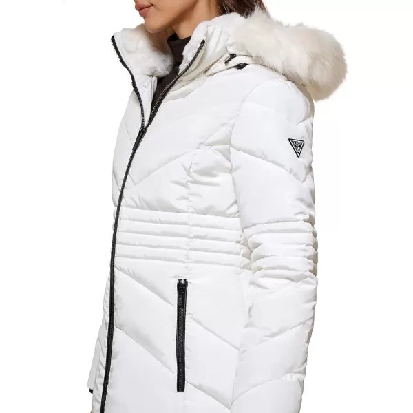 GUESS Womens Short Hooded Puffer Coat with Faux Fur BibMilk