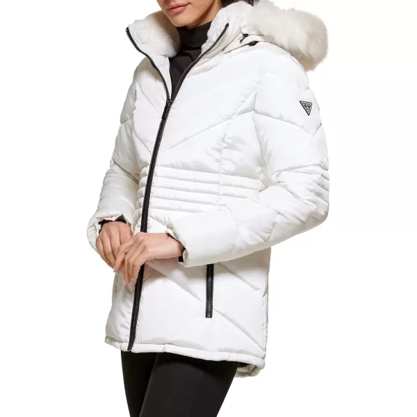 GUESS Womens Short Hooded Puffer Coat with Faux Fur BibMilk