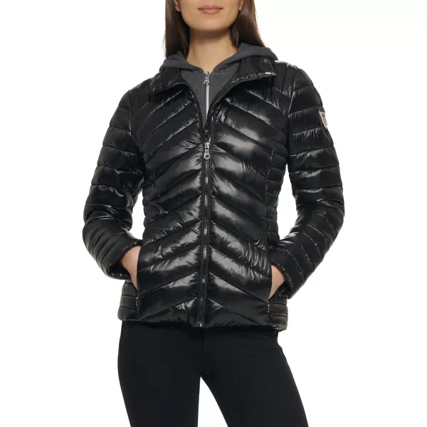 GUESS womens Light Packable Jacket Quilted Transitional PufferBlackCharcoal