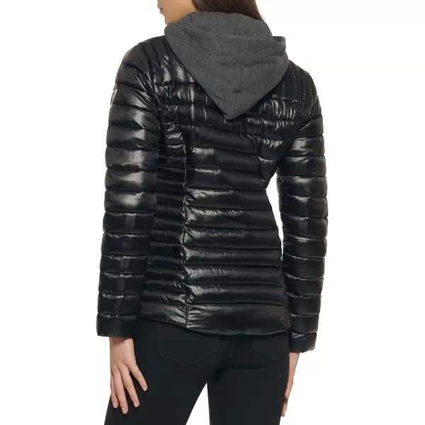 GUESS womens Light Packable Jacket Quilted Transitional PufferBlackCharcoal