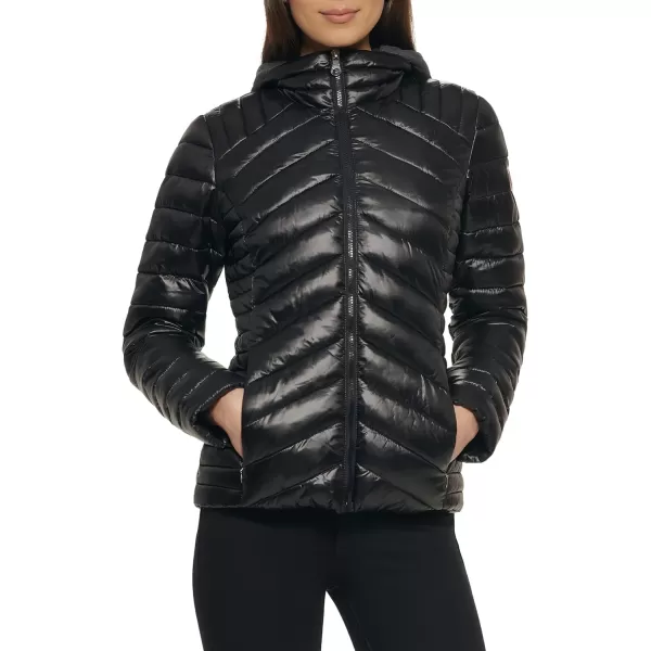 GUESS womens Light Packable Jacket Quilted Transitional PufferBlackCharcoal