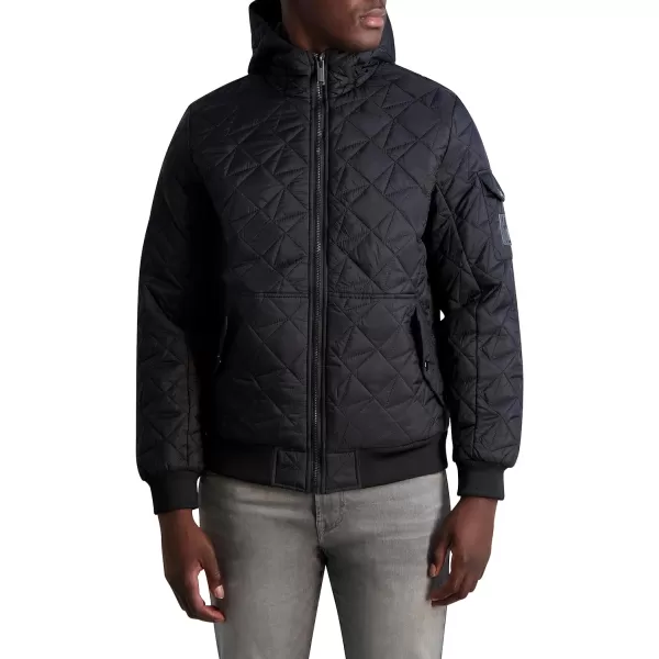 Karl Lagerfeld Paris Mens Bomber Diamond Quilt with Rib Knit TrimsBlack