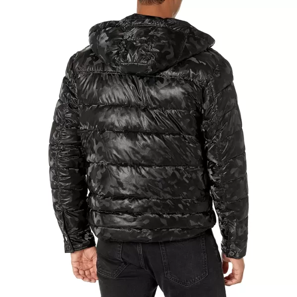 Karl Lagerfeld Paris Mens Faux Down Jacket Camo Print HoodedBlack