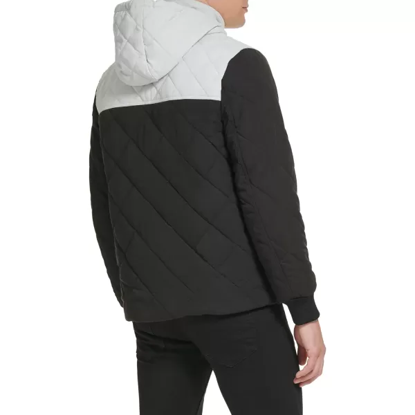 Kenneth Cole Mens Rib Knit Storm Cuff Diamond Quilt Attached Hood ColorBlock JacketBlack