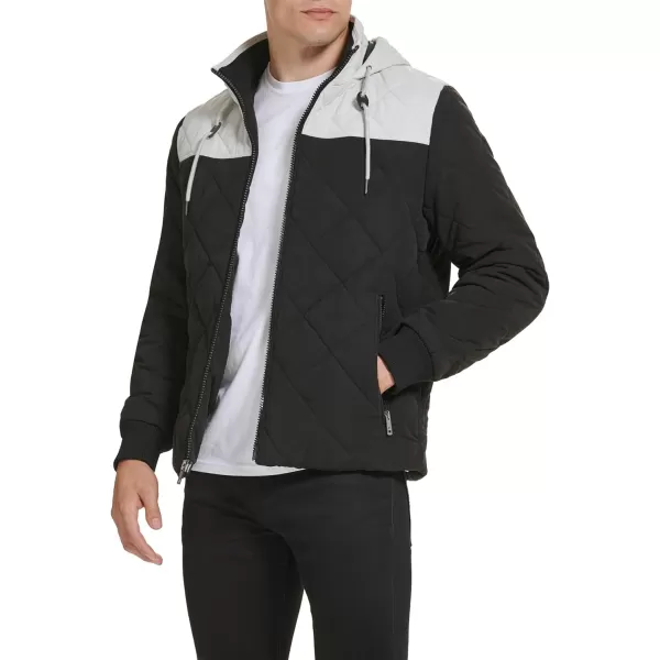 Kenneth Cole Mens Rib Knit Storm Cuff Diamond Quilt Attached Hood ColorBlock JacketBlack