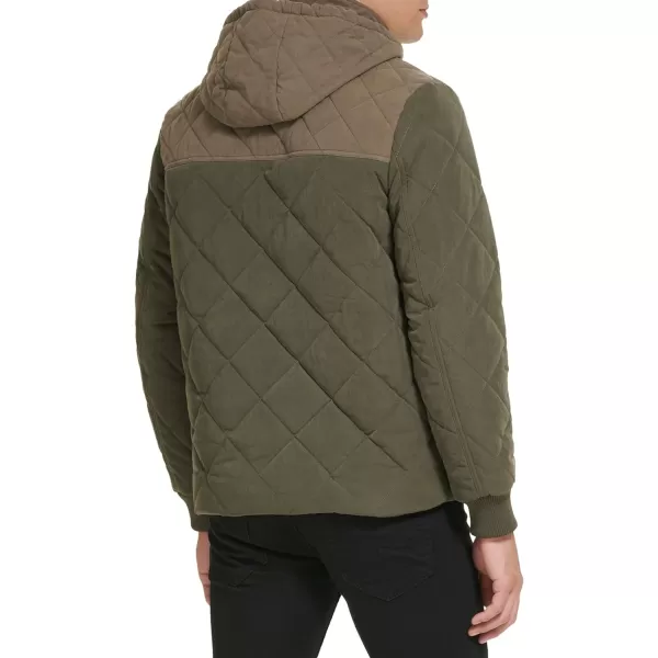 Kenneth Cole Mens Rib Knit Storm Cuff Diamond Quilt Attached Hood ColorBlock JacketOlive