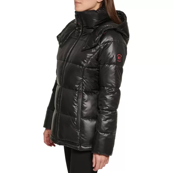 Kenneth Cole New York Womens Horizontal Zip Puffer JacketBlack Solid