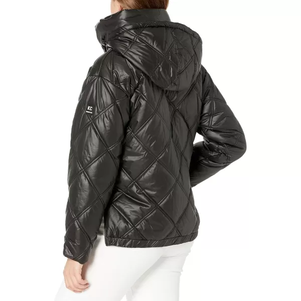 Kenneth Cole New York Womens Short Hooded Diamond Quilted Puffer JacketBlack