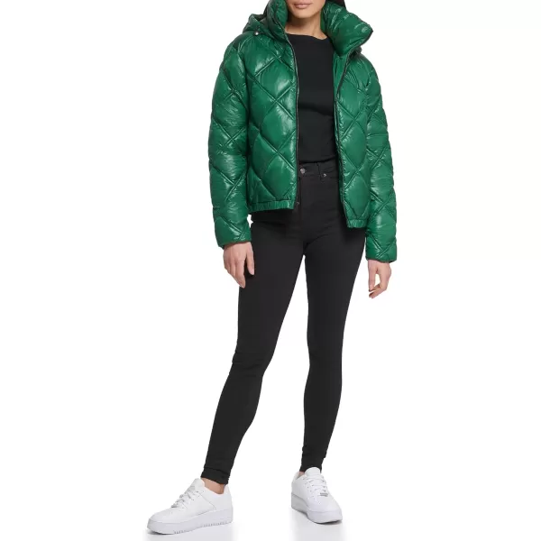 Kenneth Cole New York Womens Short Hooded Diamond Quilted Puffer JacketEmerald