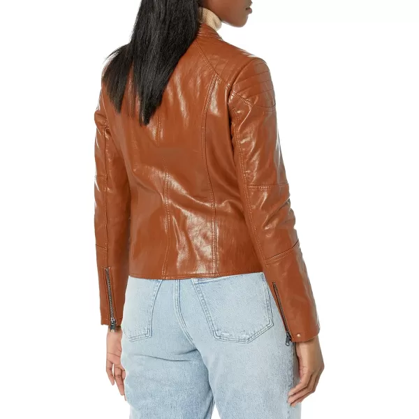 Kenneth Cole Womens Classic Short Moto Faux Leather JacketCognac