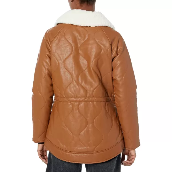 Kenneth Cole Womens Sherpa Lined Collar Faux Leather JacketCognac