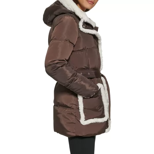 Kenneth Cole Womens Sherpa Trim Puffer with TieBeltDarkroast