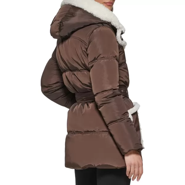 Kenneth Cole Womens Sherpa Trim Puffer with TieBeltDarkroast