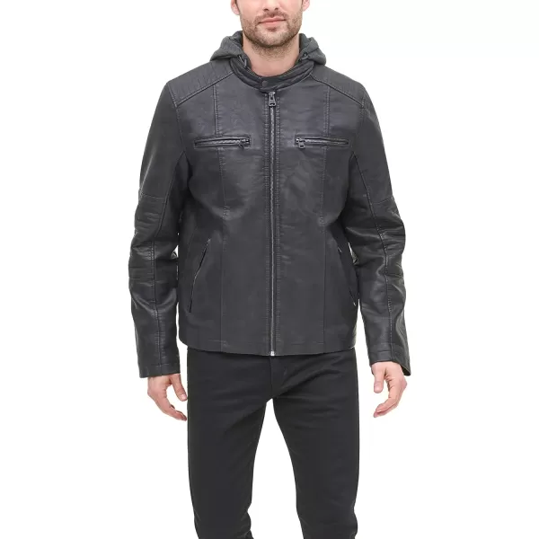 Levis Men Faux Leather Racer JacketBlack Buffed Cow Hooded