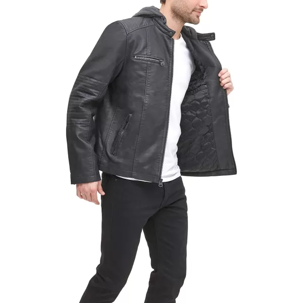 Levis Men Faux Leather Racer JacketBlack Buffed Cow Hooded