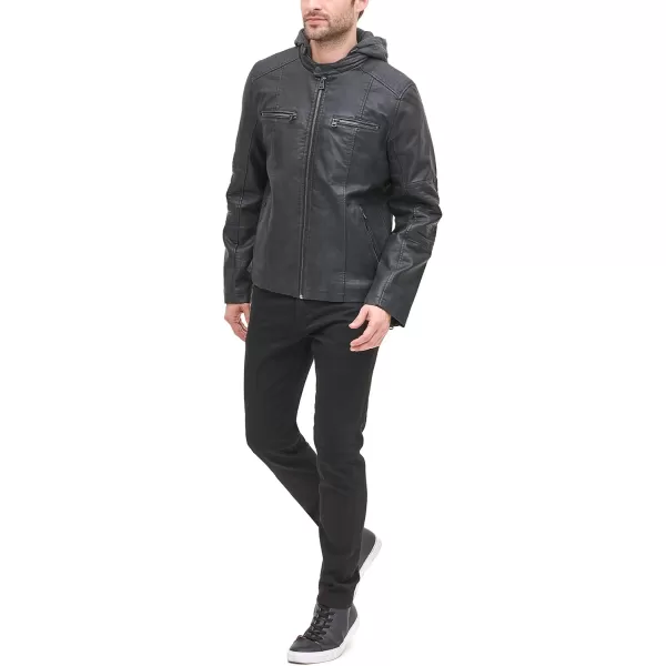 Levis Men Faux Leather Racer JacketBlack Buffed Cow Hooded